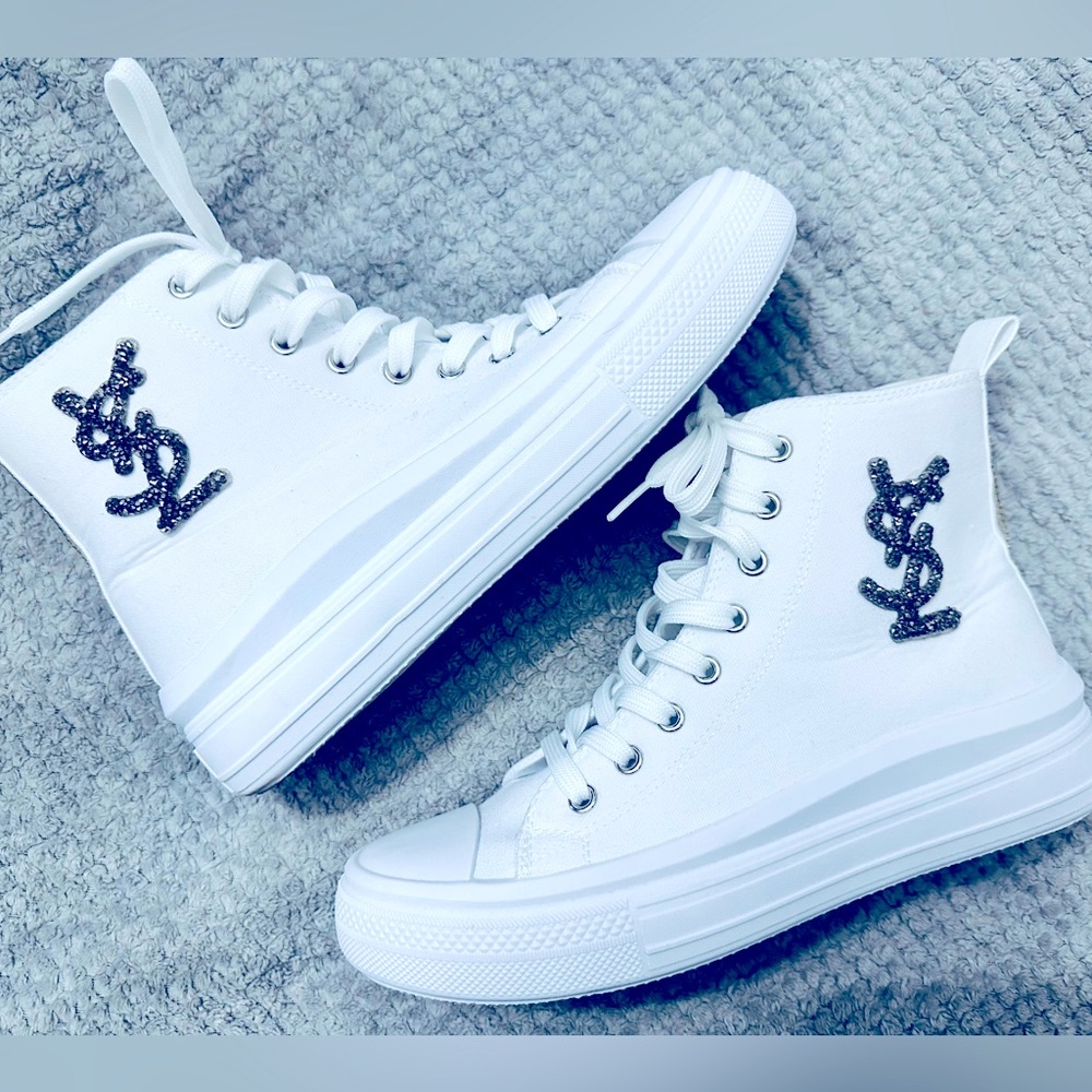 Streetwear Society White High-Top Platform Sneakers with Black Embellished Logo
